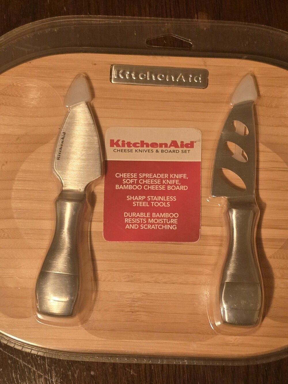 KitchenAid Silver Stainless Steel Cheese Knife Set with Bamboo Board
